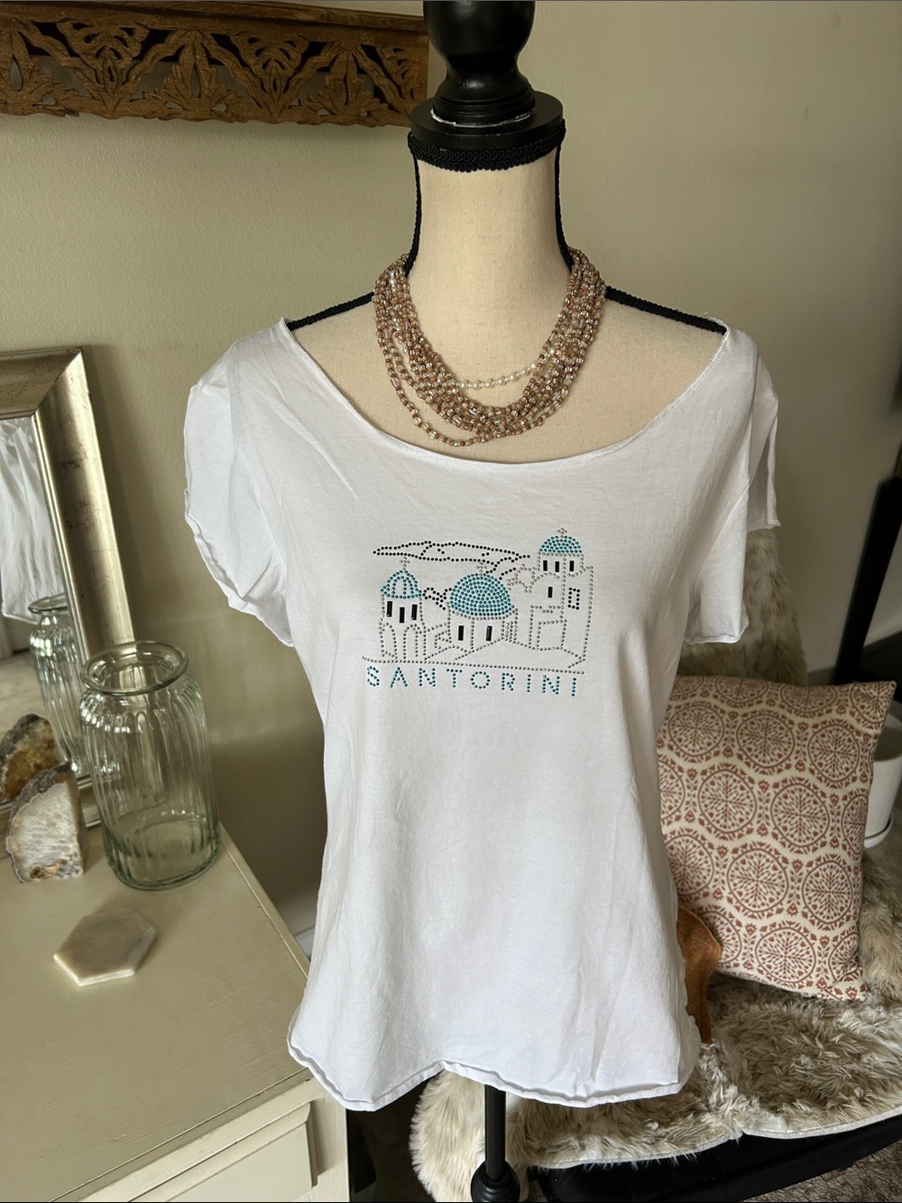 Zoe white cotton Y2K tourist Greece Santorini bedazzled top L